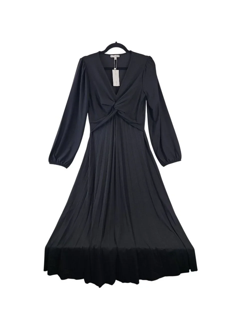 NEW Baltic Born Lynda Pleated Midi Dress Black Long Sleeve Knot Front Sz M